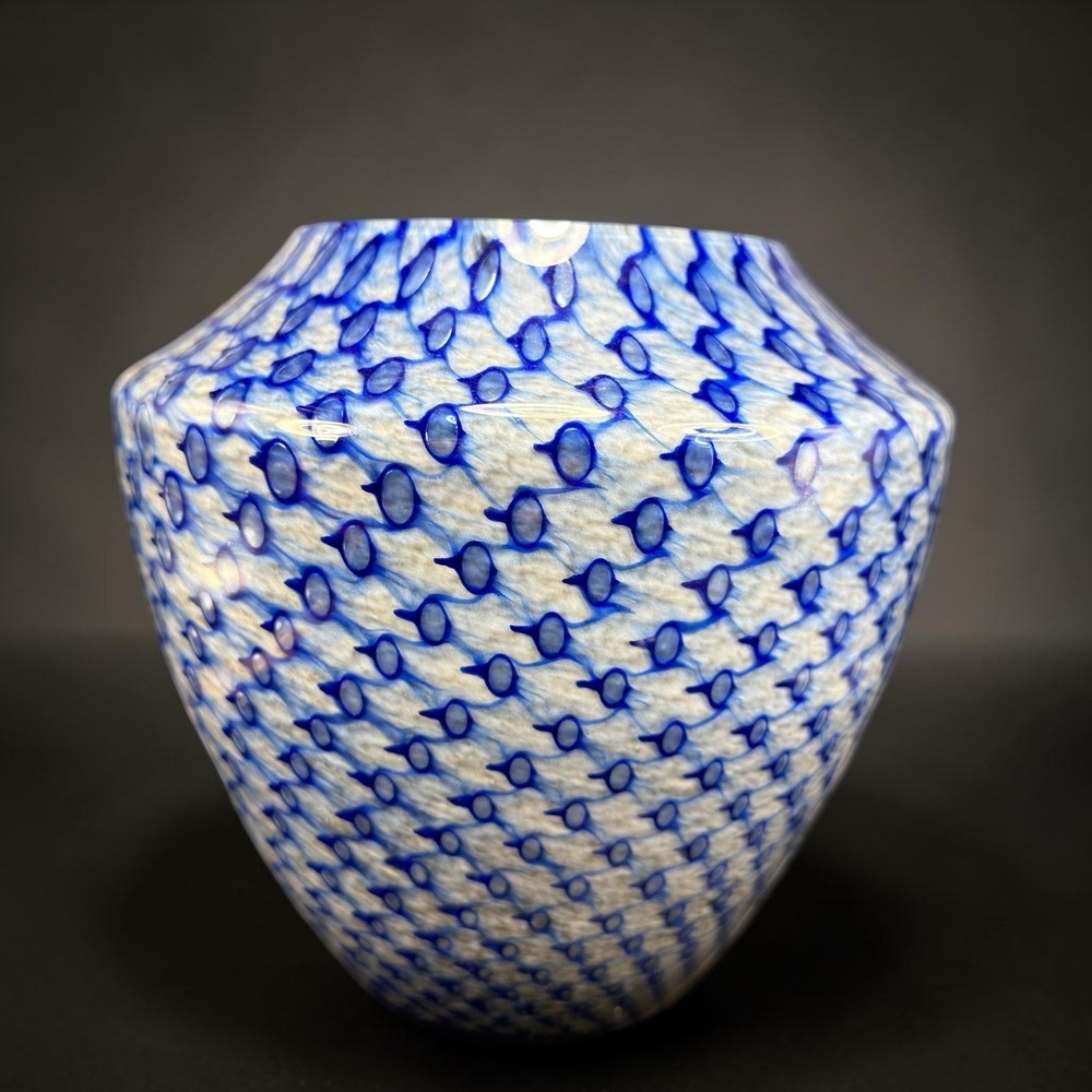 Positano Italy Blue White Art Glass Vase 9 Inch Tapered Honeycomb Pattern Vessel
